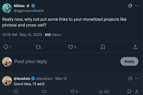 A Twitter conversation discussing backlinks and cross-selling strategies.
