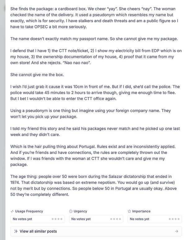 The image features a detailed text discussing a frustrating experience with package retrieval in Portugal.