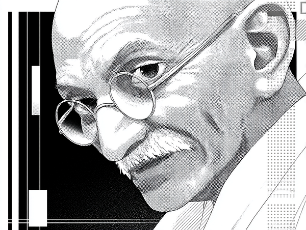 A stylized black and white illustration of a man with glasses and a mustache, resembling a historical figure.