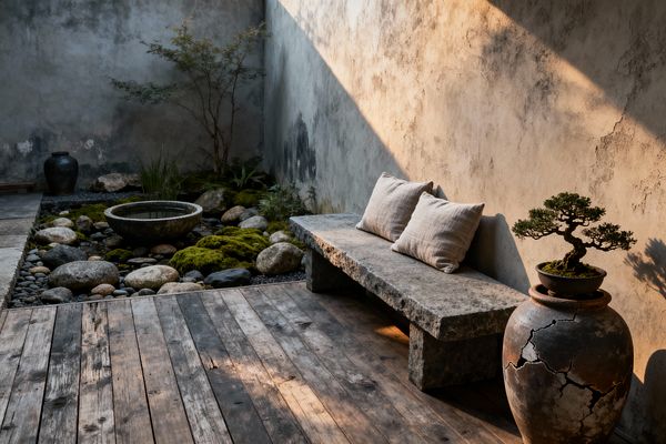 An intimate wabi-sabi patio with weathered wood deck and textured concrete walls, lit by a slanted beam of sunlight. A rough stone bench with two linen cushions faces a shallow stone water basin set within a rock garden of smooth river stones, moss, and a small tree; a cracked ceramic urn holds a bonsai, celebrating patina and imperfection.