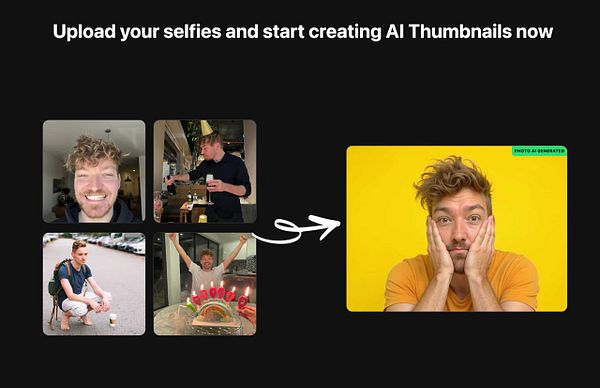 The image promotes an AI thumbnail creation tool featuring a collage of selfies and an AI-generated thumbnail.