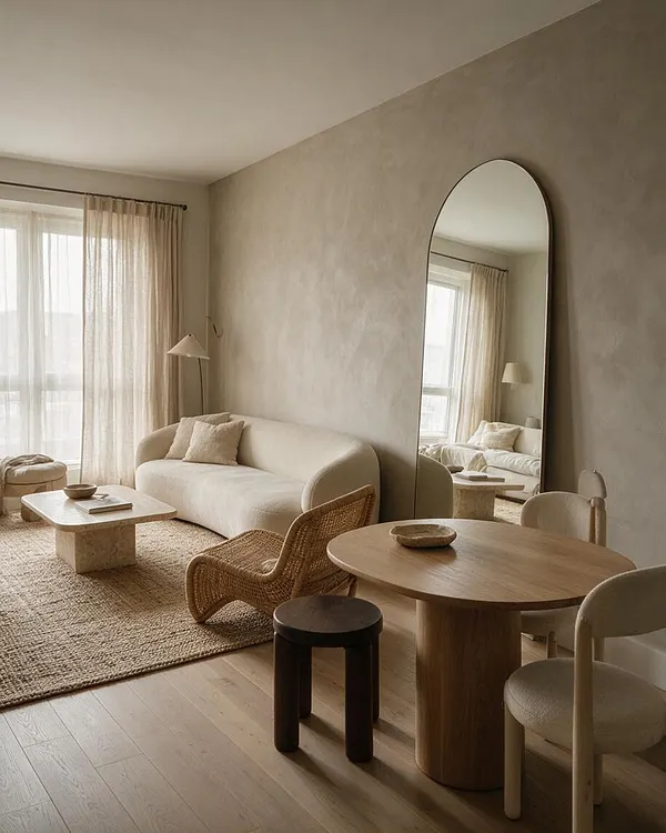 A serene studio apartment living area with a cream curved sofa, a round wooden dining table, and woven and upholstered chairs on light wood floors. Sheer curtains filter daylight beside a tall arched floor mirror and a textured neutral wall.