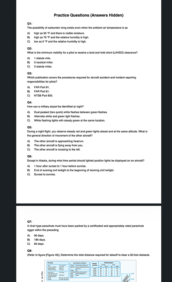 Screenshot of Sporty's FAA practice test interface showing various test questions with answers and explanations.