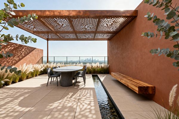 A modern rooftop patio with terracotta stucco walls and a rust-toned perforated metal pergola casting patterned shadows on sand-colored porcelain pavers. A round concrete dining table with charcoal chairs sits near a slim linear water rill that runs beside a floating solid-wood bench. Ornamental grasses line the edge in front of a clear glass railing, opening to distant city skyline views under bright daylight.
