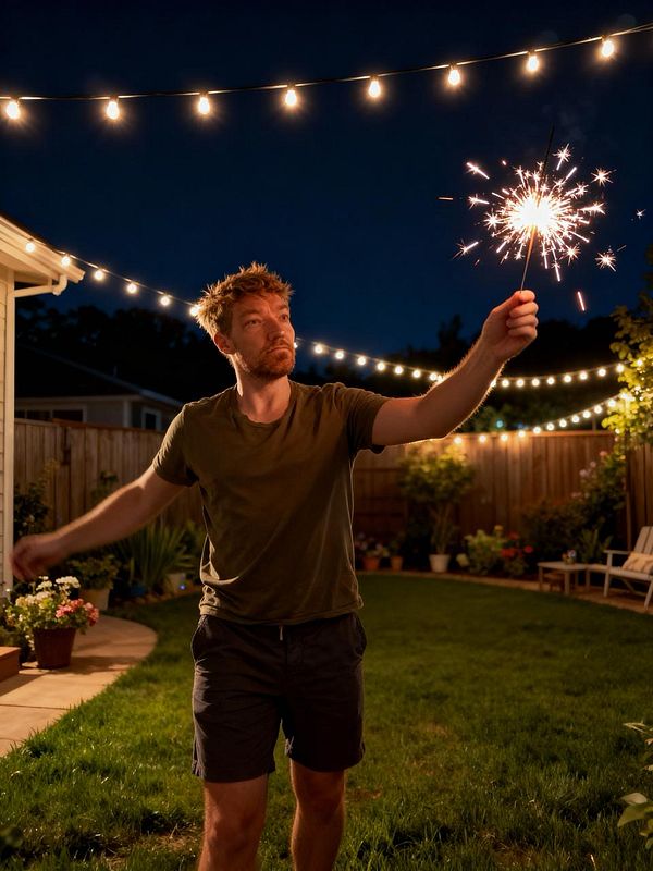 A man is celebrating in a backyard at night, holding a sparkler amidst string lights.
