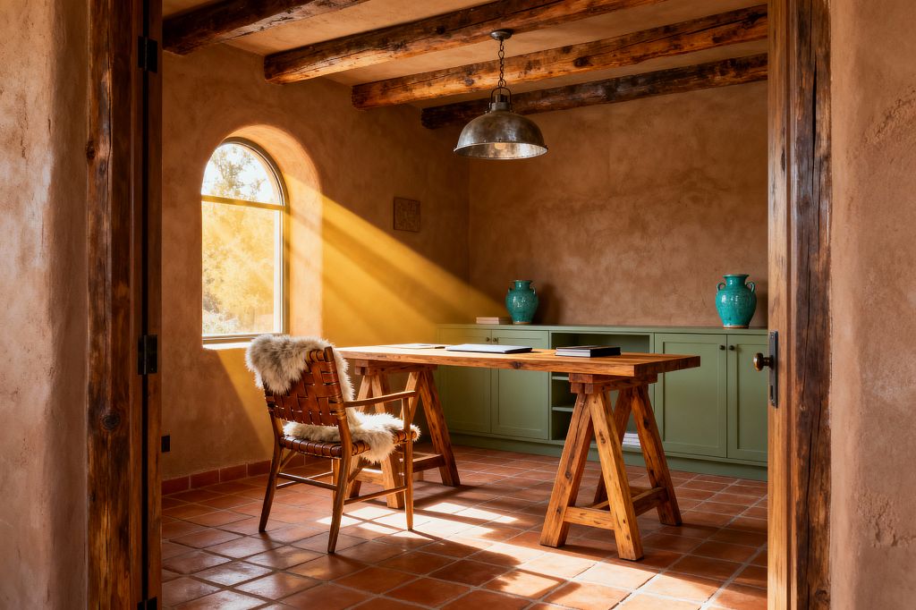 A rustic home office features terracotta floor tiles, earthen plaster walls, and exposed wood ceiling beams. A solid wood trestle desk sits at center with a woven leather armchair draped in a sheepskin. Sunlight streams through an arched window, casting warm rays across the space. Along the back wall, sage-green built-in cabinets display two turquoise ceramic vases. A galvanized metal pendant light hangs overhead, completing the simple, handcrafted aesthetic.