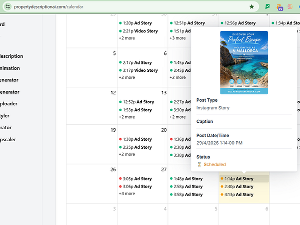 Instagram Stories schedule interface showing a calendar with stories planned for specific dates.