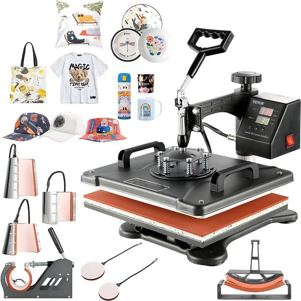 The image features a heat press machine surrounded by various personalized gift items.