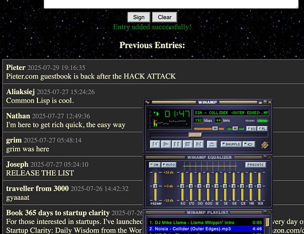The image displays a guestbook interface alongside a Winamp music player.
