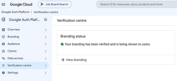 Google Cloud Verification centre interface showing verified branding status for Google Auth Platform.