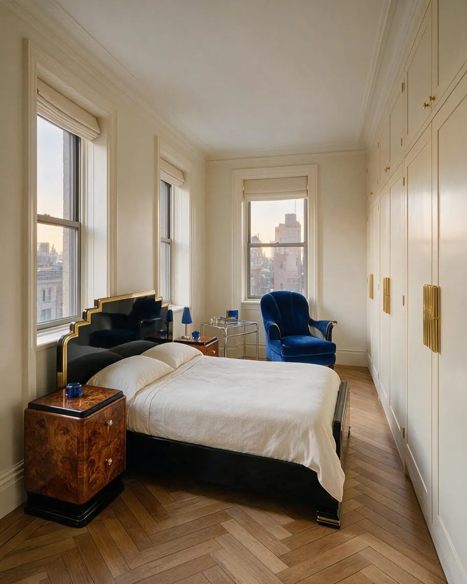 A refined master bedroom with a black and gold Art Deco bed, white bedding, and matching burl wood nightstands. Tall windows bring in soft daylight, while a plush royal blue velvet chair and built-in cream wardrobes with brass pulls add contrast and luxury.