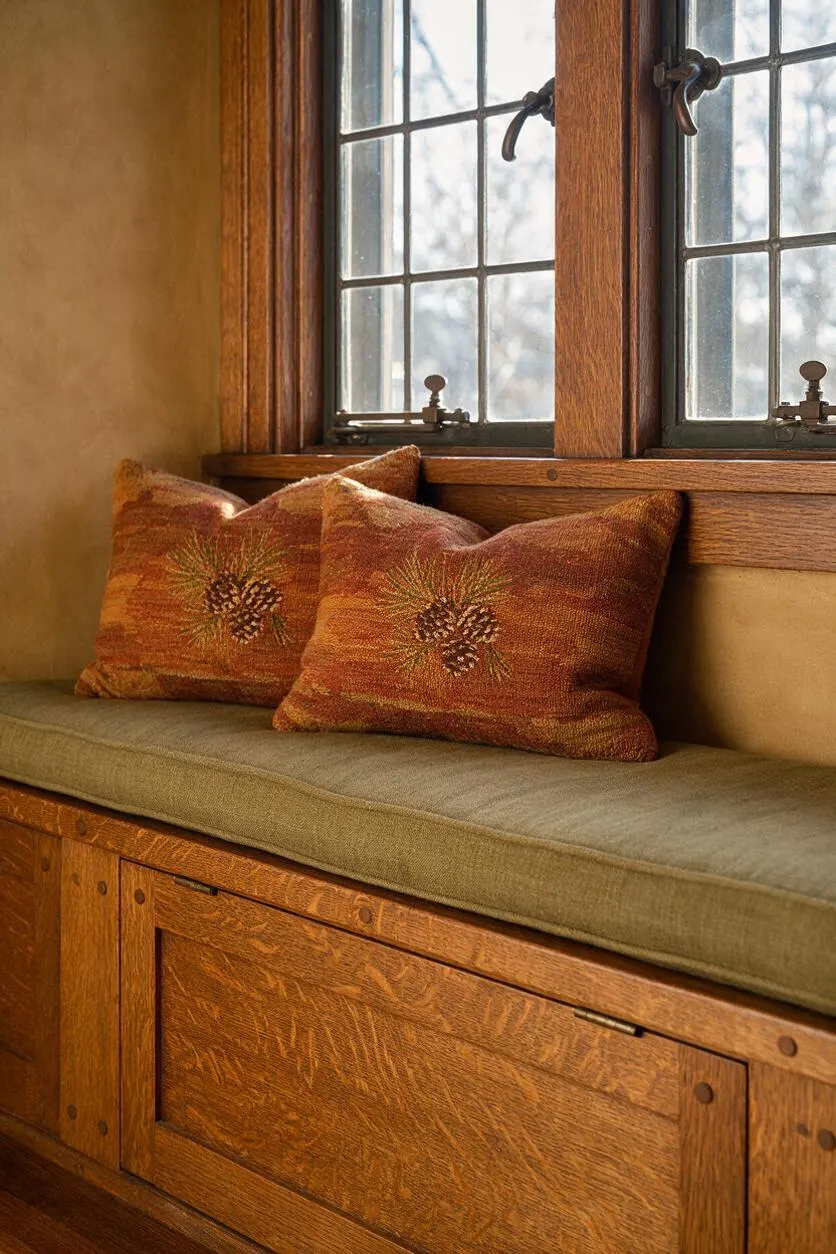 A cozy Craftsman-style window seat is built into warm oak cabinetry beneath multipane wood-framed windows. The bench has a muted olive cushion and two rust-colored patterned pillows, with black metal window latches and soft daylight filtering through the glass.