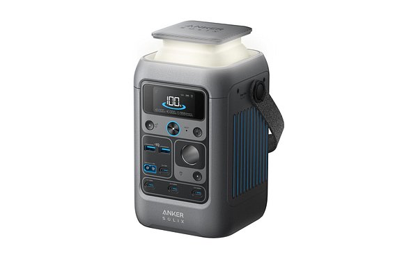 The image features the Anker SOLIX C300 DC PowerBank, a portable power station designed for charging devices on the go.