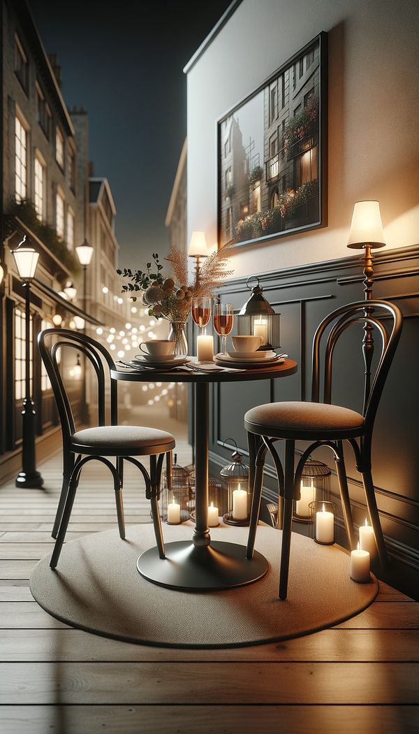 a cozy nook featuring a stylish bistro table set for two, with a quaint streetscape vibe