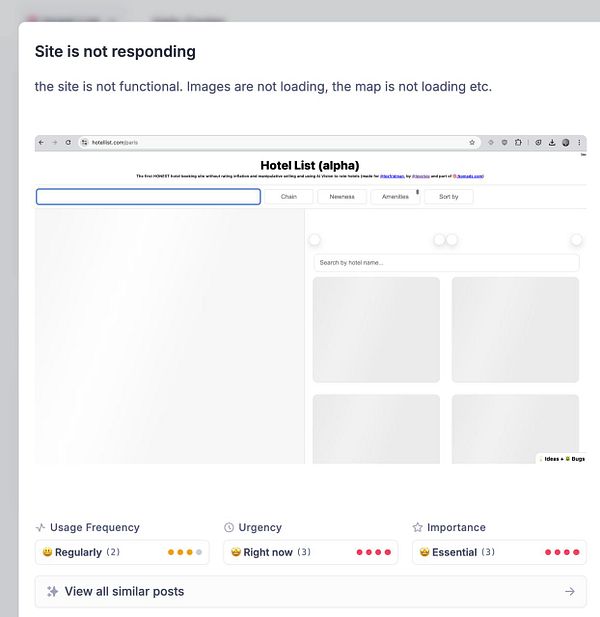 The image displays a screenshot of a non-functional hotel listing website with a message indicating that the site is unresponsive.