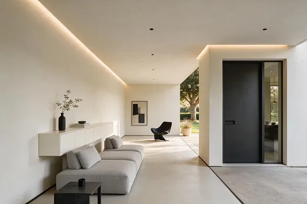 A minimalist front porch with a long built-in bench in light gray, a floating white cabinet against the wall, and a black sculptural chair near the back. The space features smooth cream walls and ceiling, recessed lighting, a dark gray front door with a glass side panel, and subtle greenery beyond the open porch.