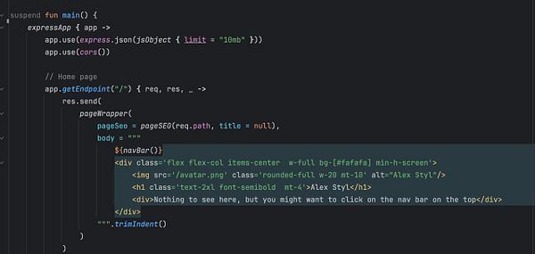 The image displays a code snippet written in Kotlin for a web application using Express.