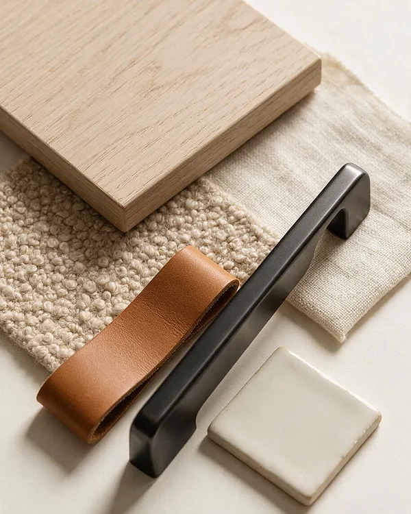 A styled flat lay of Scandinavian-inspired materials and finishes arranged on a light neutral surface. Visible elements include a pale oak wood sample, looped beige textile, natural linen, a tan leather strap, a matte black metal handle, and a small white ceramic tile.