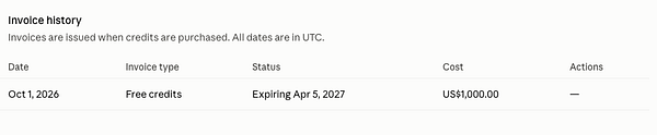 Invoice history table showing free credits worth $1,000 expiring April 5, 2027.