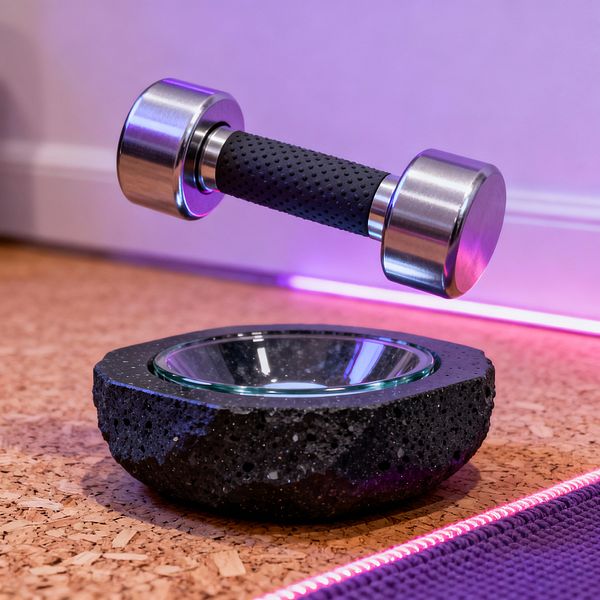 Close-up of a home gym detail showing a dumbbell that appears to hover above a circular black volcanic stone base with a glass-lined recess. The dumbbell has brushed stainless steel ends and a black textured rubber grip; it sits on warm cork flooring beside a deep purple exercise mat edged with pink LED lighting, while a lavender wall and a low strip of magenta light create a futuristic, softly glowing backdrop.