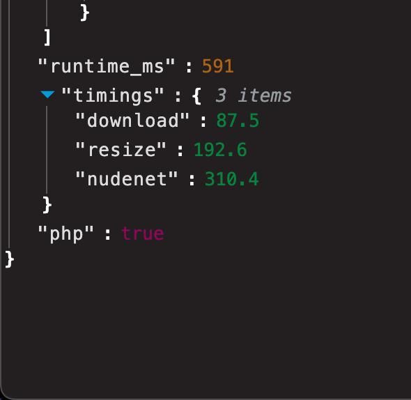 The image displays a JSON object containing performance metrics for a task comparing PHP and Node.js.