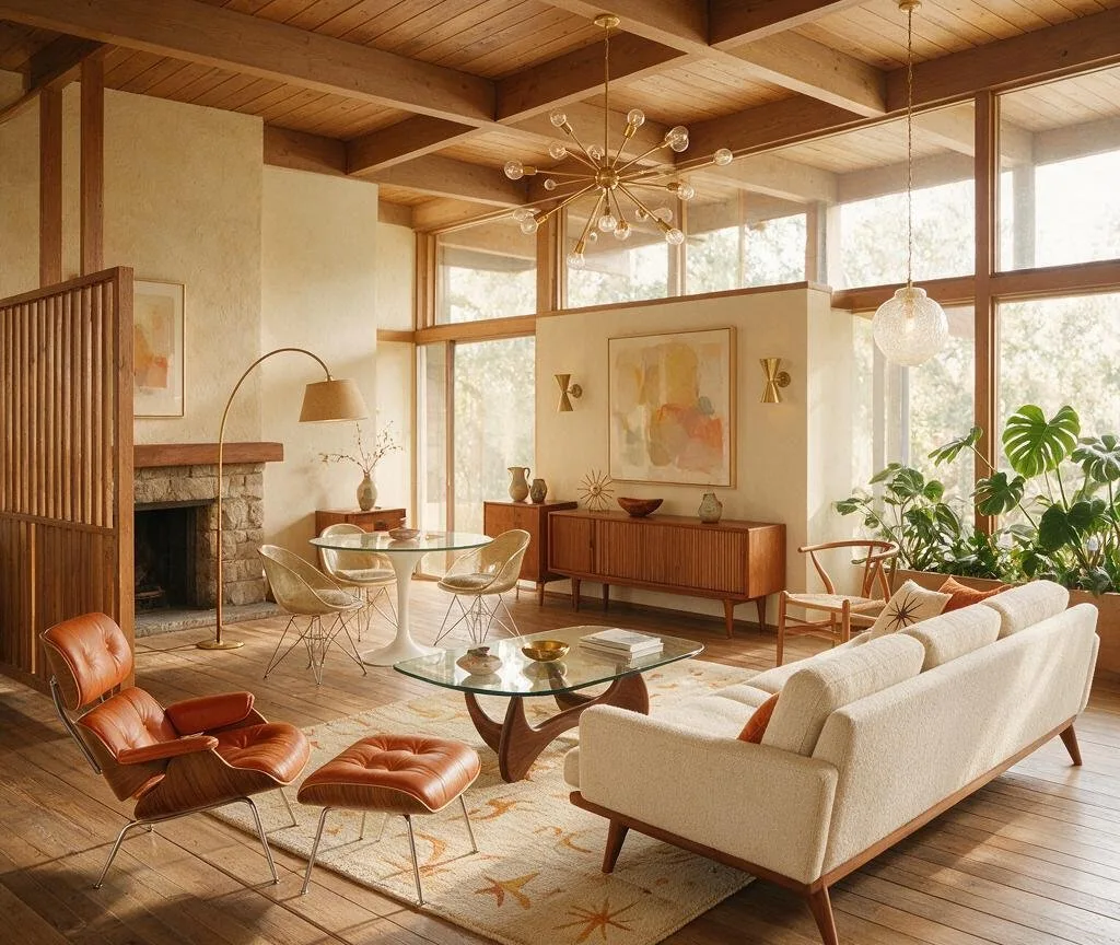 A living room in the Mid-Century Modern style