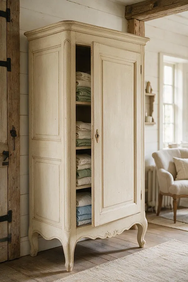 A tall cream-painted armoire stands against a white shiplap wall, with one paneled door partly open to reveal neatly folded linens in muted green, beige, and blue. The cabinet has curved cabriole legs, scalloped apron details, and aged brass hardware, adding a rustic French Country feel to the softly lit room.