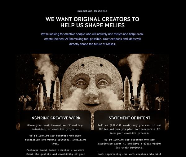 The image features a landing page for a creator program focused on the Melies AI filmmaking tool, with a vintage aesthetic and a prominent moon face.
