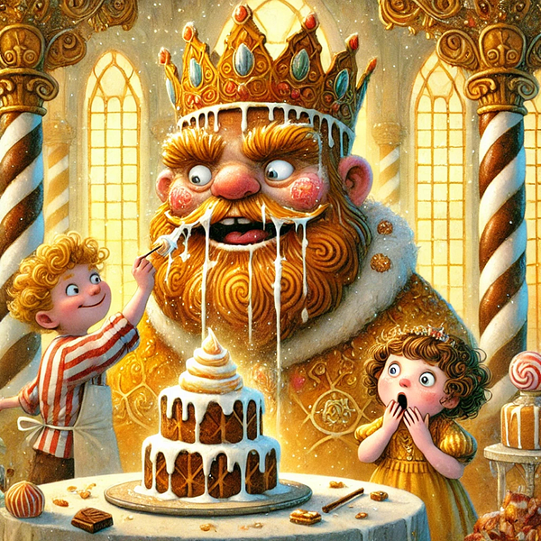 A whimsical scene featuring a king with a golden crown and a child decorating his beard with frosting.
