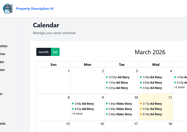 Instagram stories scheduling interface featuring a villa-themed story preview and posting options.
