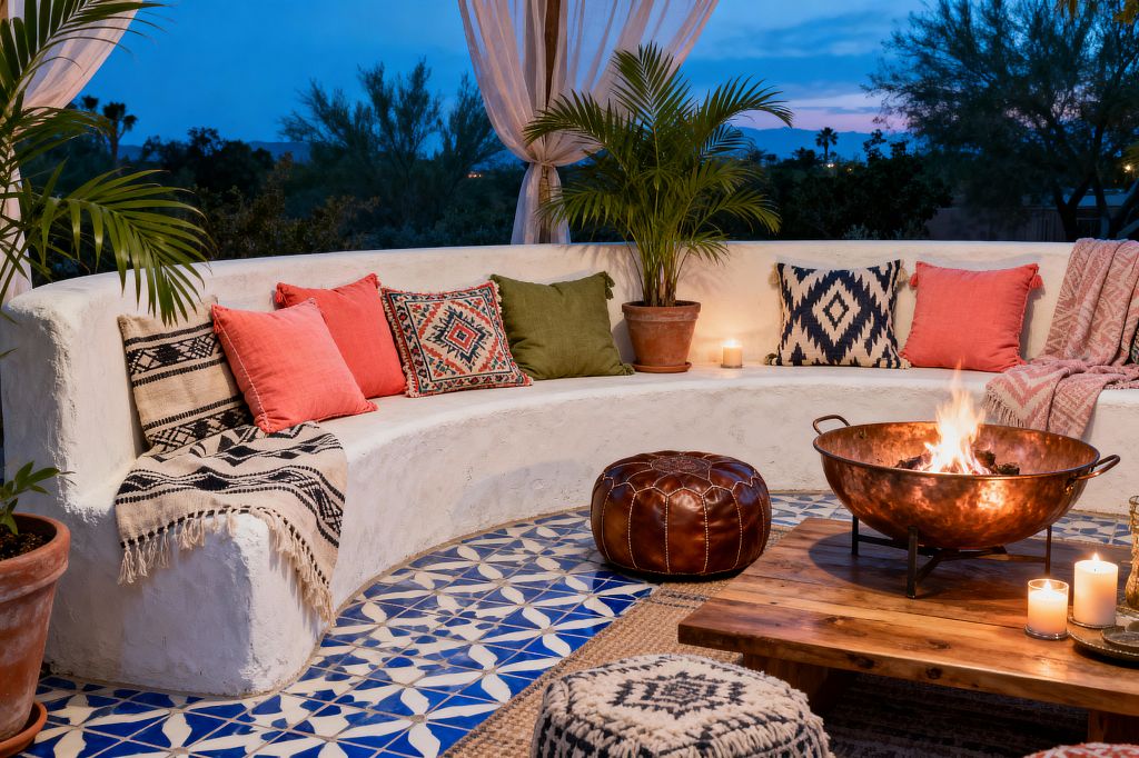 Outdoor bohemian patio at dusk with a curved white stucco banquette lined with coral, olive, and indigo patterned cushions plus a black-and-cream fringed throw. The floor shows blue-and-white patterned tiles layered with a jute rug. A low wood coffee table holds a burning copper fire bowl and candles. A brown leather pouf, woven ottoman, terracotta potted palms, and sheer drapes frame views of trees and the evening sky.