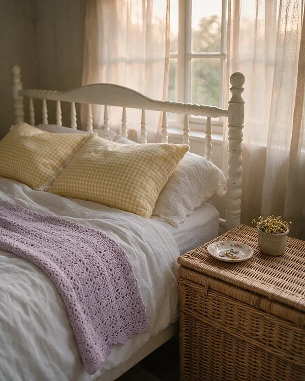 A cozy cottagecore guest bedroom with a white spindle bed, sheer curtains over a sunlit window, and soft layered bedding. Yellow gingham pillows, a lavender crocheted throw, and a wicker bedside table with small decor add a handmade, rustic feel.