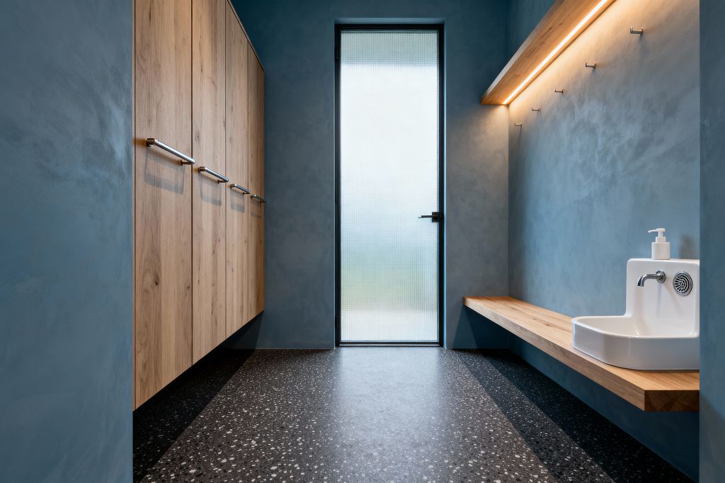 A contemporary mudroom features blue-gray troweled plaster walls, wall-mounted oak cabinets with sleek metal pulls on the left, and a floating solid-oak bench on the right beneath a long shelf with integrated warm LED lighting and a row of metal pegs. The floor is charcoal terrazzo with white flecks, a compact white ceramic utility sink sits at the bench end, and a full-height frosted glass door with a black frame provides diffused daylight.