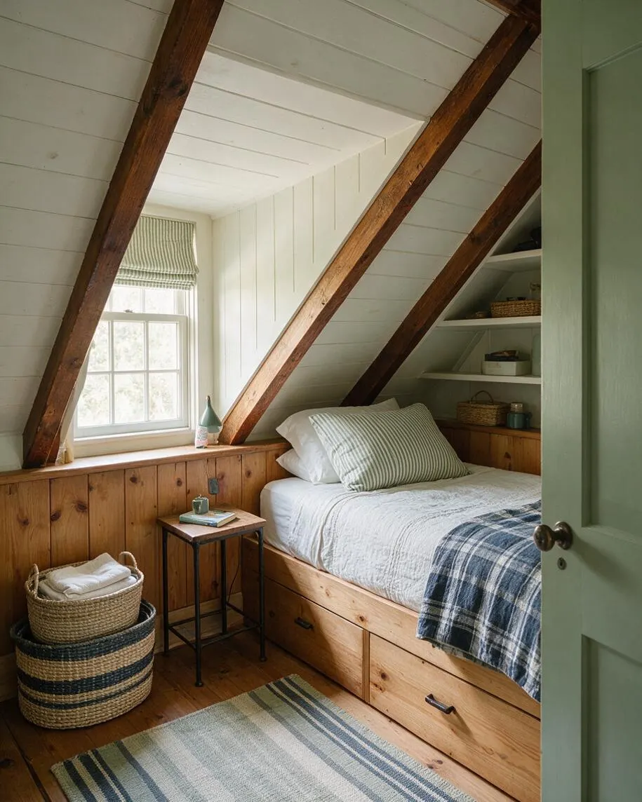 A narrow rustic guest bedroom with a single bed tucked under sloped white paneled ceilings and exposed dark wood beams. The room features a built-in wood bed frame with drawers, a small metal side table, woven baskets, a striped rug, and a window with a soft patterned Roman shade.