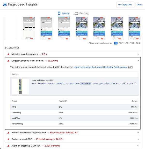 The image displays a PageSpeed Insights report highlighting performance metrics for a website.