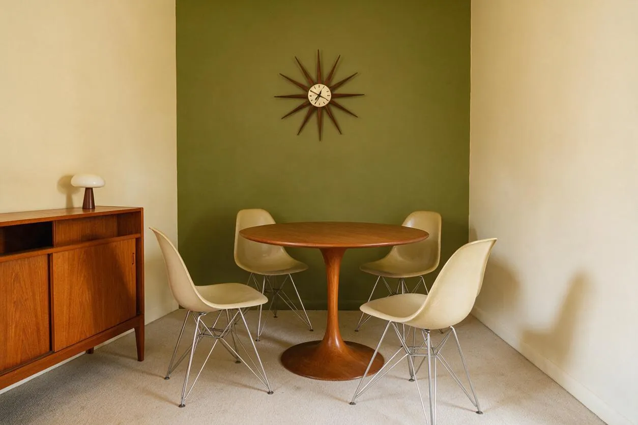 A Mid-Century Modern game room with a round pedestal wood table surrounded by four cream molded chairs with wire legs. An olive green accent wall holds a sunburst clock, while a teak sideboard with a small lamp adds warm vintage character.