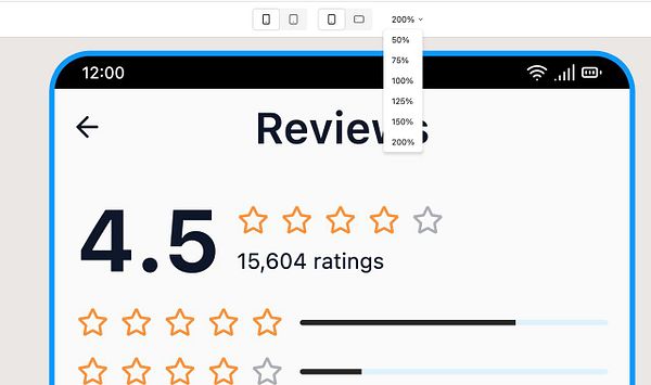 The image displays a mobile interface showing a review rating system with a zoom level dropdown menu.