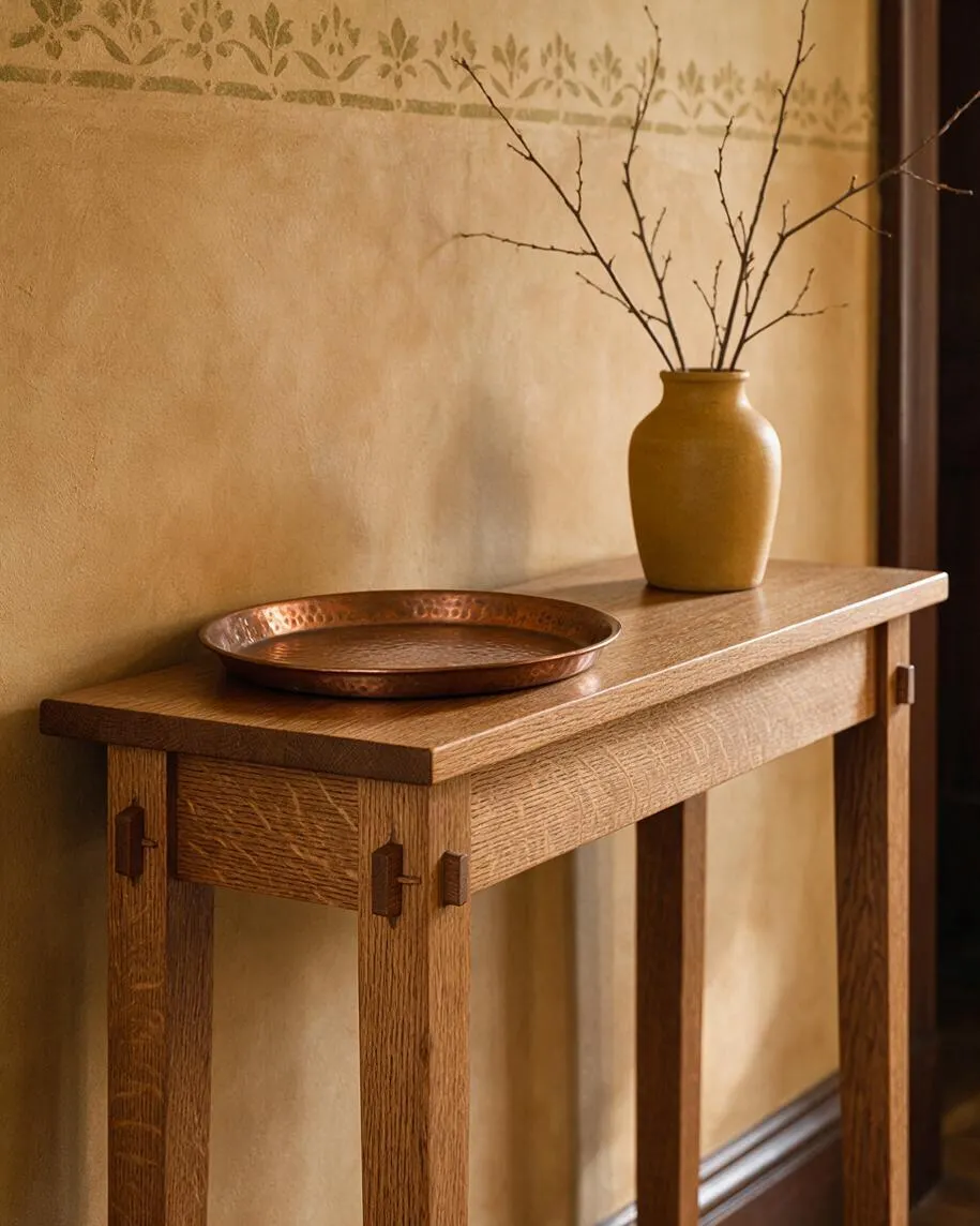 A narrow Craftsman-style console table in light oak stands against a warm tan wall with a subtle painted floral border near the top. A shallow hammered copper tray and a mustard-yellow ceramic vase holding bare branches decorate the tabletop, with dark wood trim and a soft, earthy atmosphere.