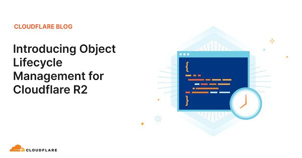 Cloudflare Blog announcement about Object Lifecycle Management for Cloudflare R2 with a code snippet and clock graphic.