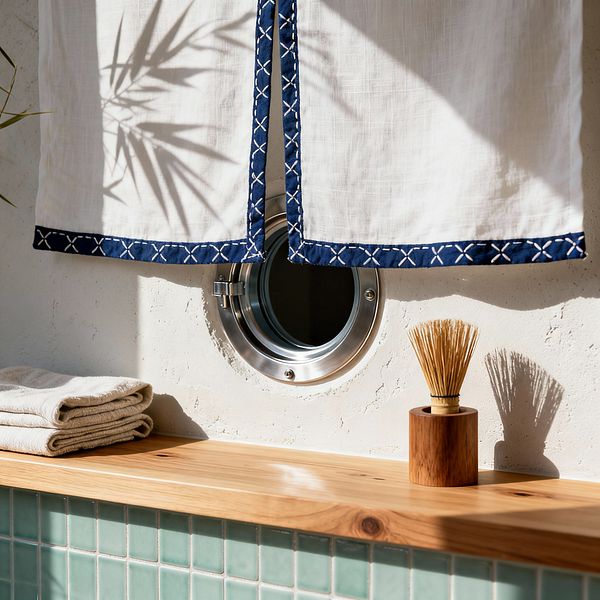 Close-up of a serene laundry nook featuring a round porthole window set in a textured off-white plaster wall. A white linen noren curtain with indigo sashiko-style trim hangs above, casting soft plant shadows in daylight. A honey-toned wood counter fronts pale mint square mosaic tiles. On the ledge sit neatly folded beige towels and a bamboo whisk in a small wooden holder, emphasizing minimal, natural materials.