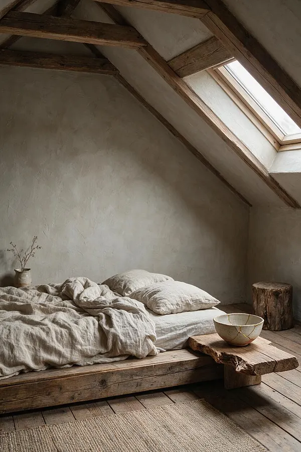 A serene master bedroom with a low wooden platform bed dressed in crumpled linen bedding and neutral pillows, set beneath exposed timber rafters and a skylight. The room features textured plaster walls, a rustic wood stump side table, a rough-hewn bench with a ceramic bowl, and a natural woven rug on weathered plank flooring.