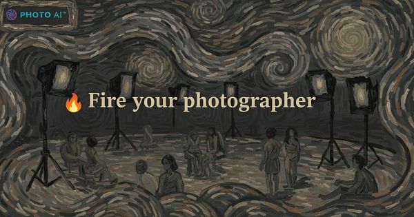 A Van Gogh-inspired artwork featuring a group of people under studio lights with the text 'Fire your photographer'.