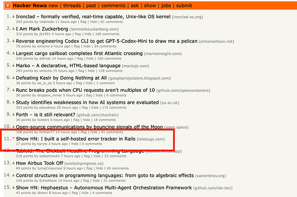 The image displays a screenshot of the Hacker News front page featuring various tech-related posts.