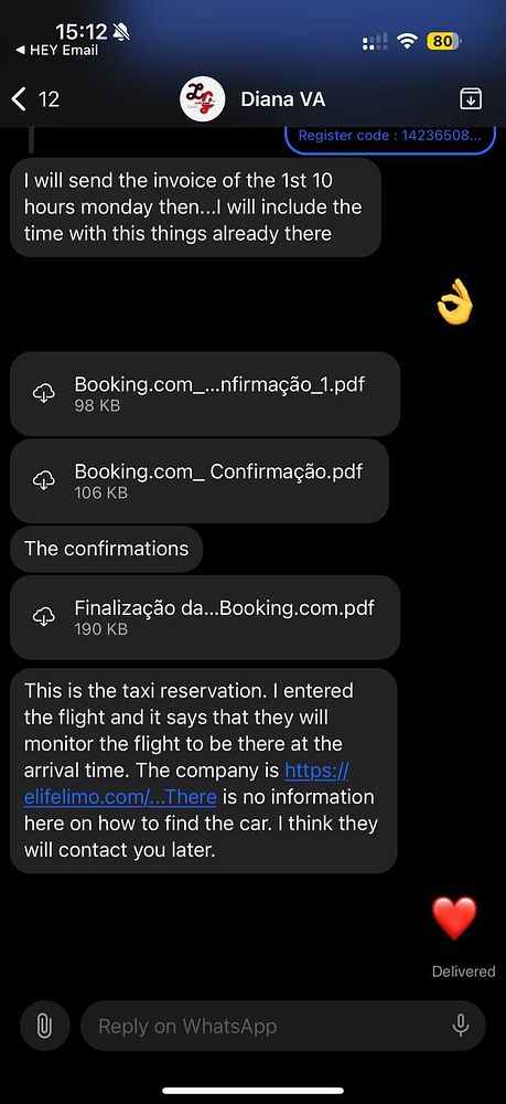 A WhatsApp conversation detailing travel arrangements and confirmations.