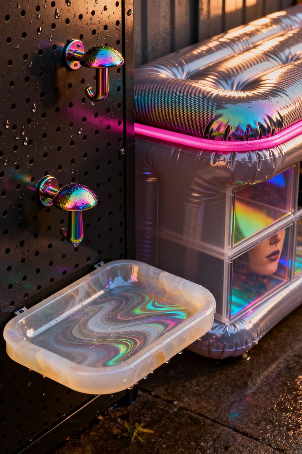A mudroom vignette with a black perforated steel panel beaded with water droplets, fitted with two mushroom-shaped iridescent metal hooks and a milky translucent drip tray with marbled swirls. Beside it, a silver inflatable bench with neon pink LED trim sits over smoky translucent drawers reflecting holographic colors and a face graphic, all on a wet concrete floor against an industrial wall.