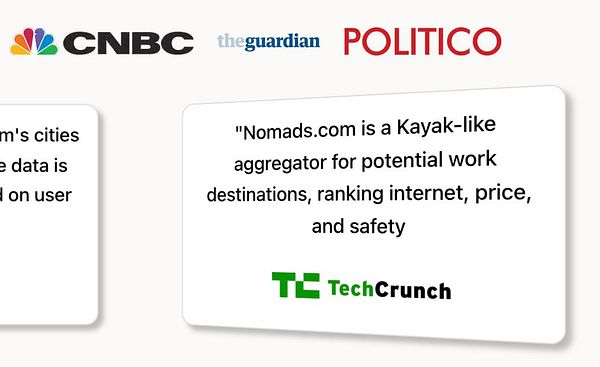 The image features logos of various media outlets alongside a quote about Nomads.com.
