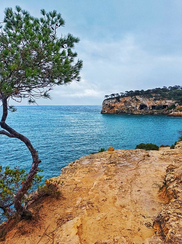 A scenic coastal view featuring rocky cliffs and a calm sea under a cloudy sky.