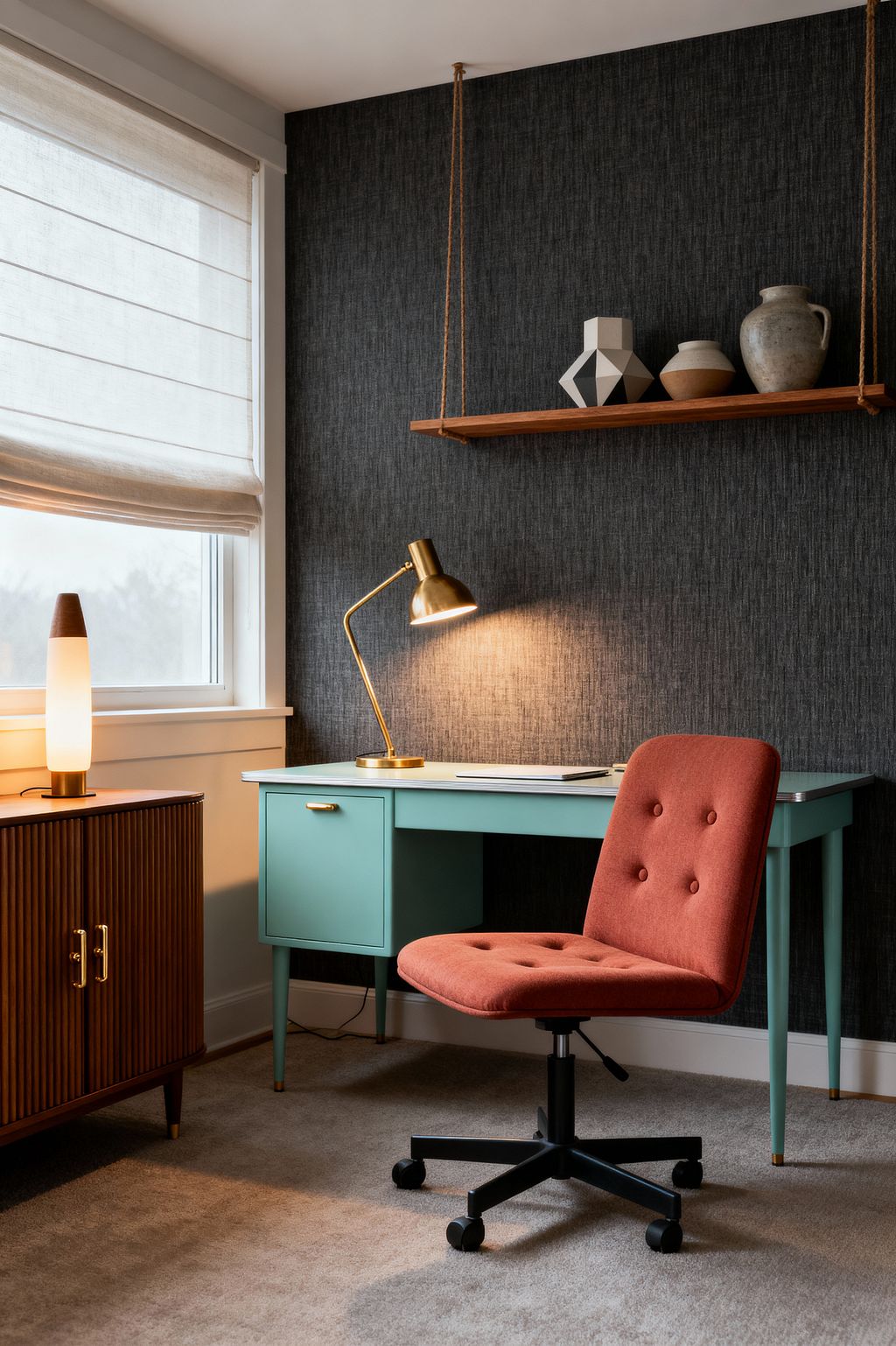 Home office featuring a teal mid-century desk and brass lamp against a dark charcoal textured wall, with a rust upholstered swivel chair on soft gray carpet. A fluted walnut cabinet holds a frosted glass accent lamp beside a window with a white linen Roman shade, while a rope-suspended walnut shelf above the desk displays ceramic vases, balancing natural light with warm brass illumination.