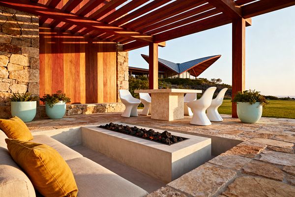 An outdoor patio framed by a red-toned cedar pergola features limestone paving and a stacked-stone wall with vertical wood cladding. A sunken seating area surrounds a long rectangular concrete fire pit filled with black lava rock, with beige cushions and mustard pillows. Nearby, a travertine pedestal dining table is paired with four white molded Panton chairs. Pale aqua planters with greenery sit around the space, opening to a large lawn and a distant butterfly-roof building.
