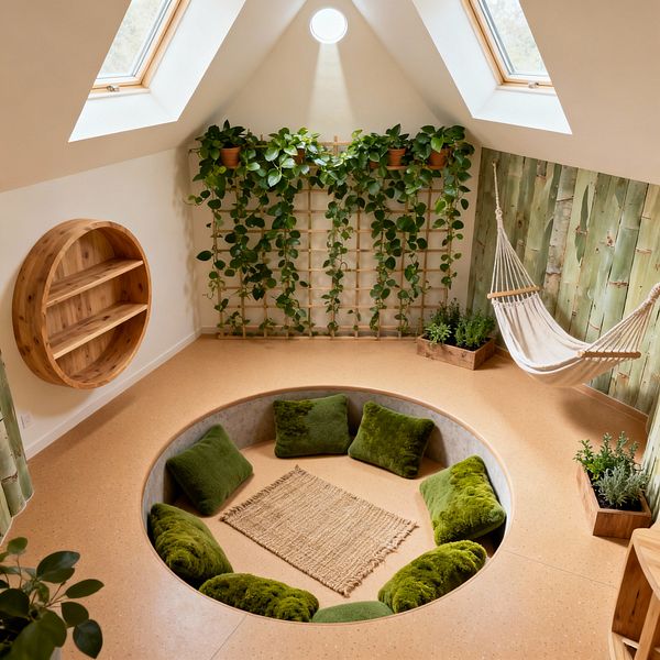 A vaulted kids’ room features two skylights and a small round window above a sunken circular play pit lined with moss-green cushions around a jute rug. A bamboo-clad wall and cotton canvas hammock balance a timber trellis draped with trailing plants, while wood planters and a round oak wall shelf add warmth; cork flooring and warm white walls keep the space bright and natural.